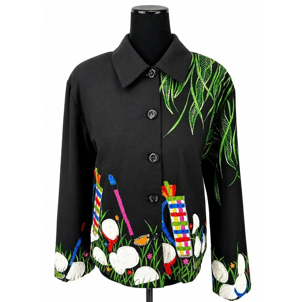 Anage Womens Embroidered Golf Themed‎ Novelty Jacket Size Large Black Cotton